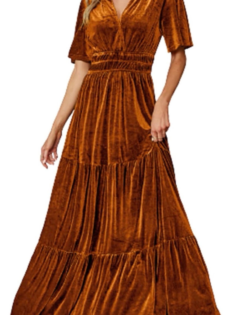 Amazon Velvet Tiered Maxi Dress in Rust Orange